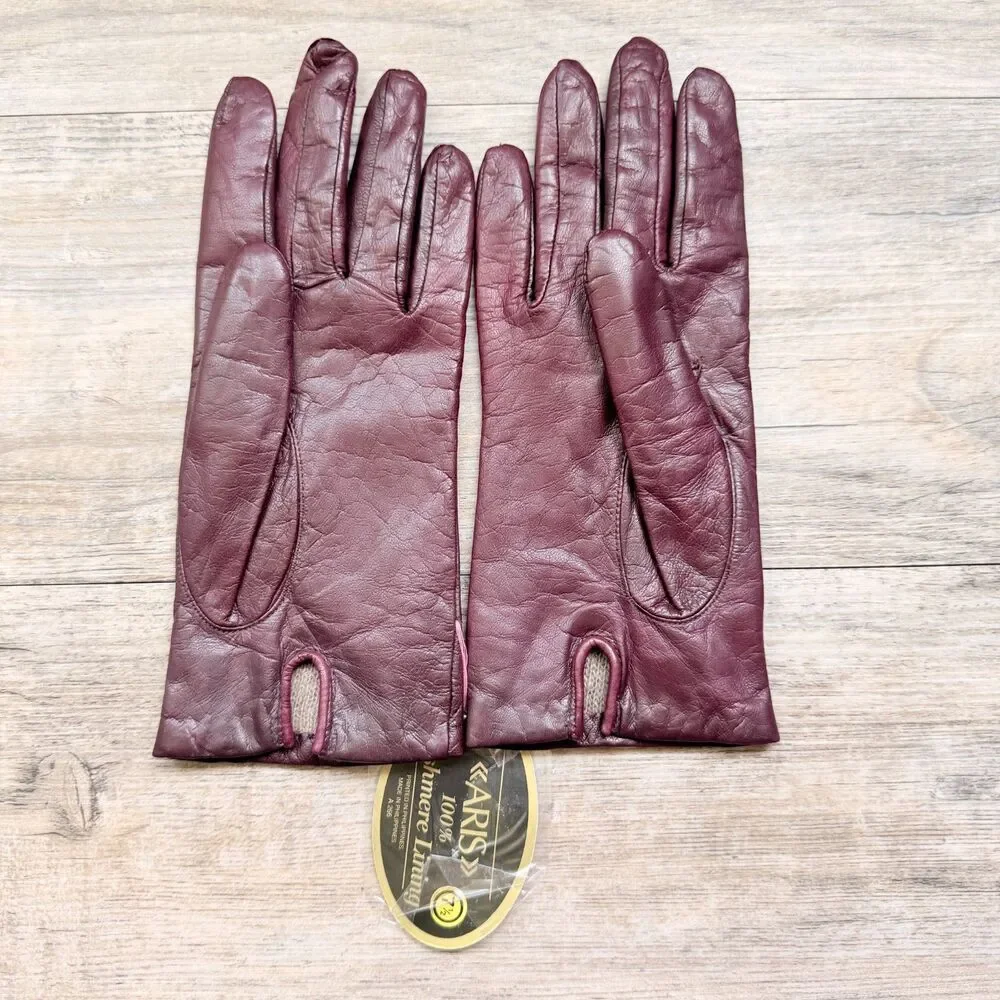 Vintage Aris Burgundy Leather Gloves Cashmere Lined Women’s Size 7.5 90s